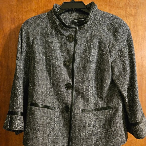 Jones New York Leather Trim Snap Wool Blend Tweed Career Blazer Jacket Size 8 - Picture 1 of 10